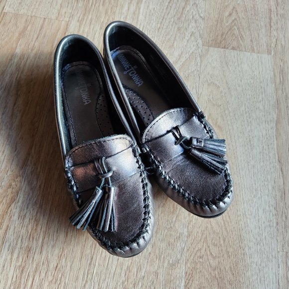 EUC Minnetonka 419T Grace Leather Moccasin Loafer Tassels Gunmetal - Picture 2 of 12